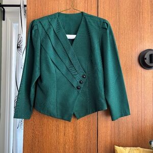 Vintage Emerald Green Textured Asymmetrical Pleat Blazer Blouse